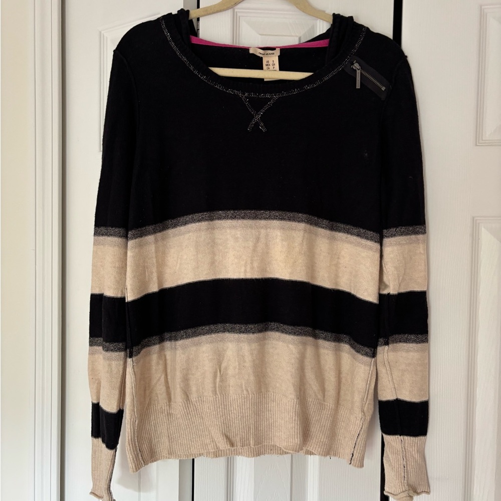 Women's Black and Cream Striped Hooded Sweater